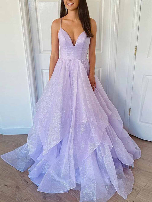 Women A-Line Ruffles Prom Dresses Long V-Neck Evening Gowns Formal Party Dress YPD580