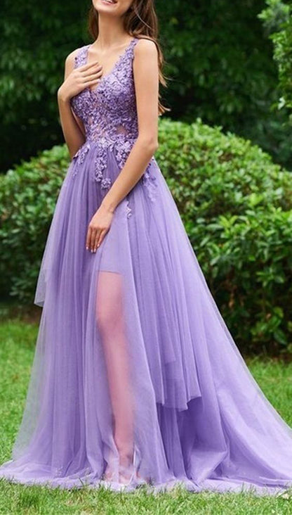 Women V-Neck Lace Prom Dresses Long Appliques Evening Gowns Spaghetti Straps Formal Party Dress YPD877