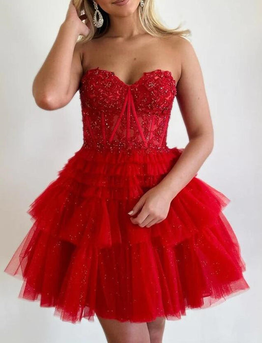 Women Tulle Lace Prom Dresses Short Cocktail Gowns Girls Sweetheart Homecoming Dresses Short Graduation Dress YHD238