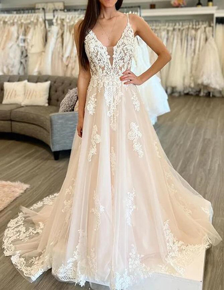 Women Lace Appliques Wedding Dresses Long V-Neck Bridal Gowns YWD082