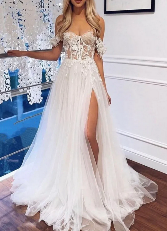 Women Lace Appliques Prom Dresses Long Side Slit Evening Party Dress YPD034