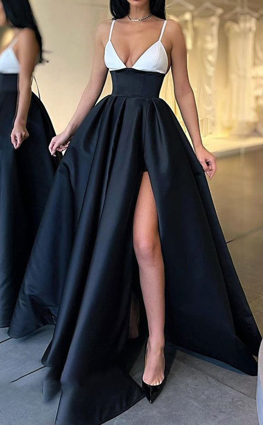 Women Slit Satin Formal Prom Dresses Long Sleeveless V-Neck Evening Party Gowns YPD981