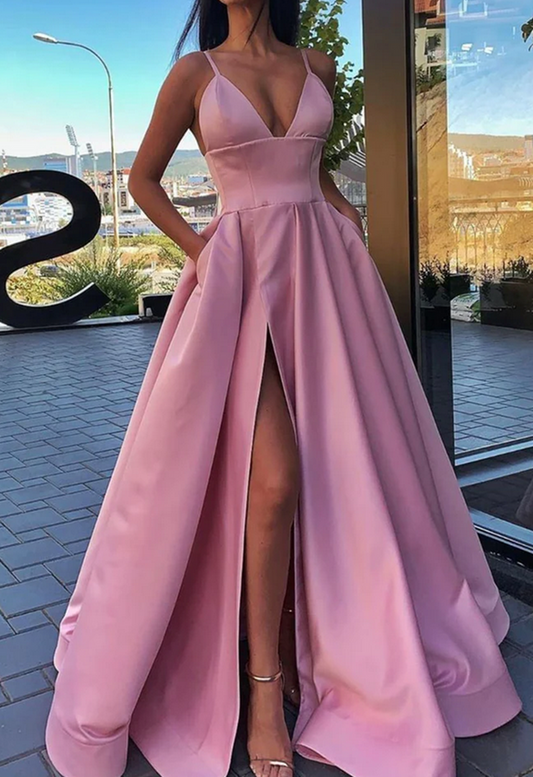 Women V-Neck Slit Prom Dresses Long Satin Evening Party Dress YPD024