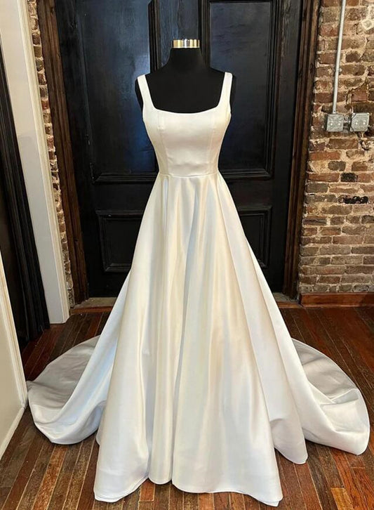 Women Simple Satin Wedding Dresses Long A-Line Bridal Gowns YWD075