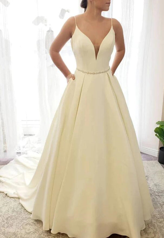 Women Satin Wedding Dresses Long V-Neck Bridal Gowns YWD106