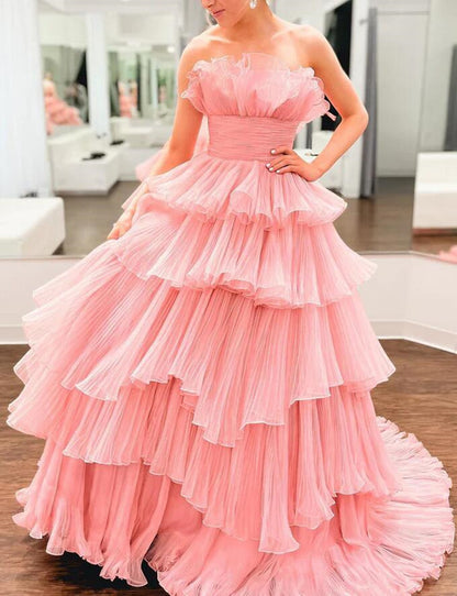 Women Layered Pink Prom Dresses Long A-Line Evening Gowns Formal Party Dress YPD373
