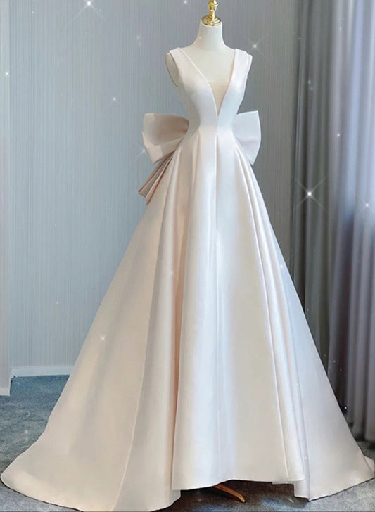 Women V-Neck Satin Wedding Dresses Long A-Line Bridal Gowns YWD057