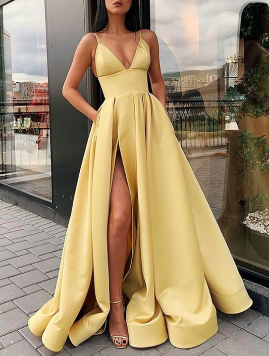 Women V-Neck Slit Prom Dresses Long Satin Evening Party Dress YPD023