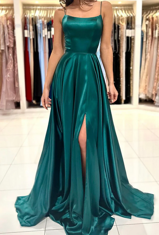 Women Satin Slit Prom Dresses Long Spaghetti Straps Evening Party Dress YPD009