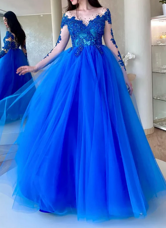 Women Lace Appliques Prom Dresses Long Sleeves Evening Party Dress YPD039