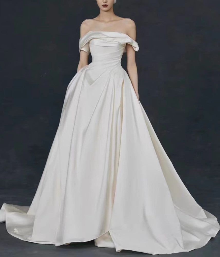 Women Satin A-Line Wedding Dresses Long Off-Shoulder Bridal Gowns YWD021