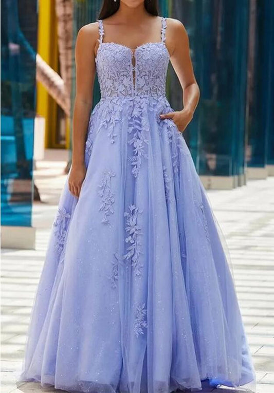 Women Tulle Appliques Prom Dresses Long Open Back Evening Gowns Formal Party Dress YPD369