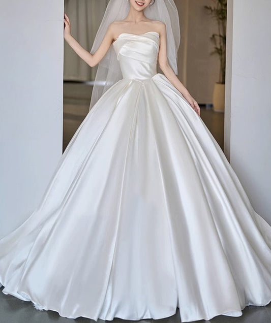 Women Satin Wedding Dresses Long Strapless Bridal Gowns YWD014