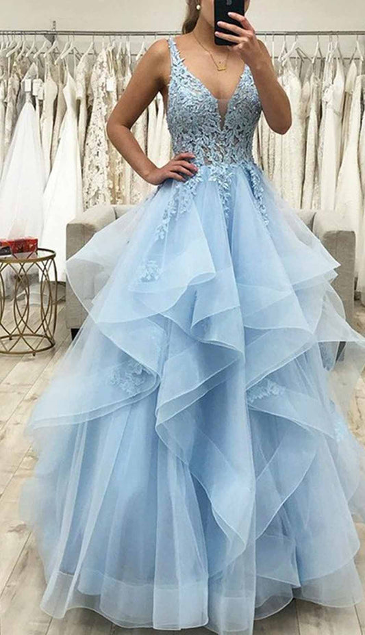Women A-Line Appliques Prom Dresses Long V-Neck Evening Gowns Formal Party Dress YPD573