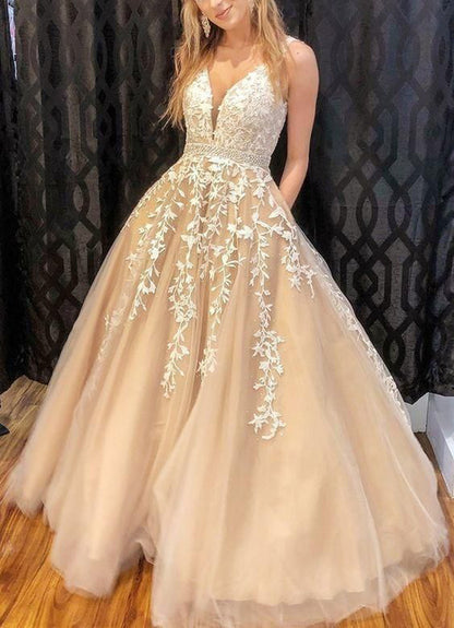 Women V-Neck Lace Prom Dresses Long Appliques Evening Gowns Straps Formal Party Dress YPD879