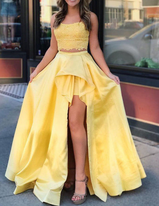Women Two Pieces Lace Prom Dresses Long Appliques Evening Gowns Side Slit Formal Party Dress YPD874
