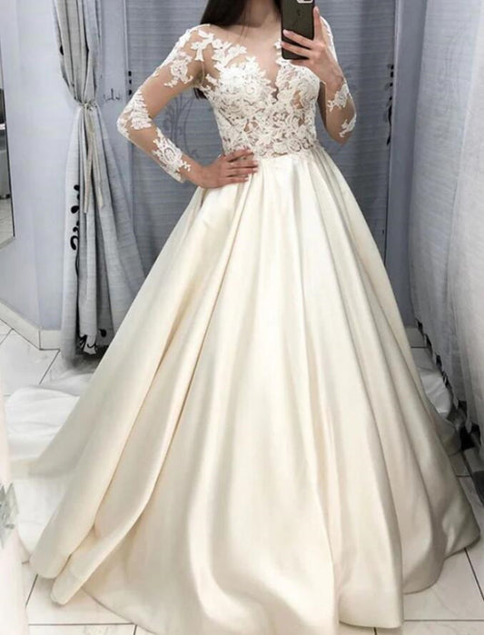 Women Satin Lace Wedding Dresses Long Long Sleeves Bridal Gowns YWD103