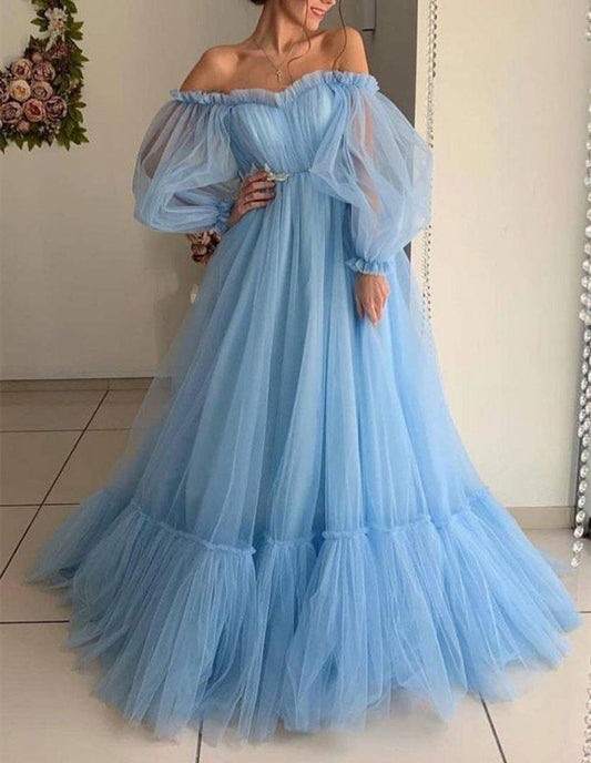 Women Blue Tulle Prom Dresses Long Princess Evening Gowns Formal Party Dress YPD338