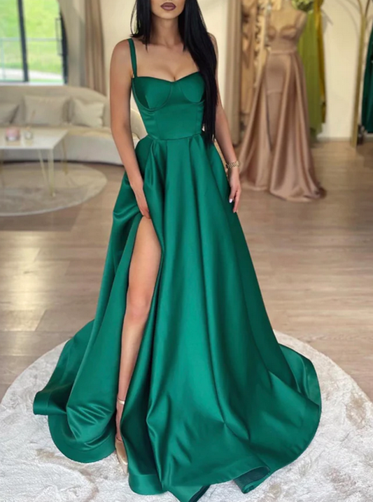 Women Side Slit Prom Dresses Long A-Line Satin Evening Party Dress YPD005