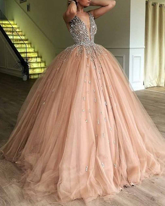 Women Ball Gown Beading Prom Dresses Long V-Neck Evening Gowns Formal Party Dress YPD576