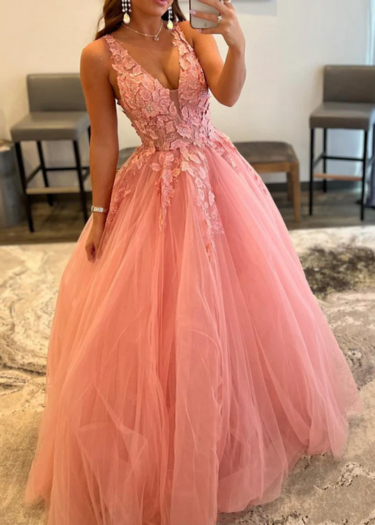 Women A-Line Prom Dresses Long Lace Appliques Evening Party Dress YPD058