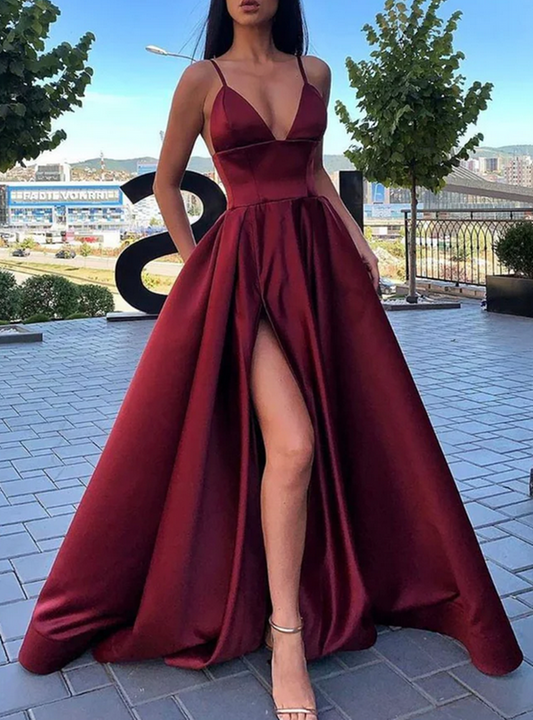Women V-Neck Prom Dresses Long Satin Evening Party Dress YPD060