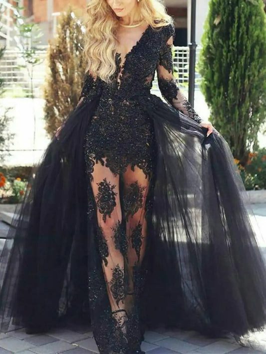 Women Lace Formal Prom Dresses Long Sleeves Appliques Evening Party Gowns YPD951