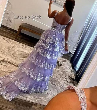 Women Off the Shoulder Lace Prom Dress Long Appliques Evening Gowns Layered Lace Formal Party Dress YPD863