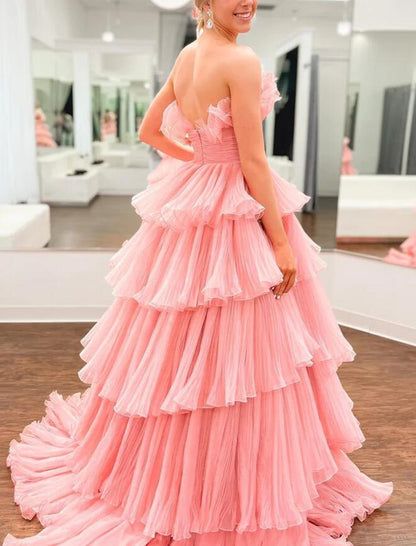 Women Layered Pink Prom Dresses Long A-Line Evening Gowns Formal Party Dress YPD373