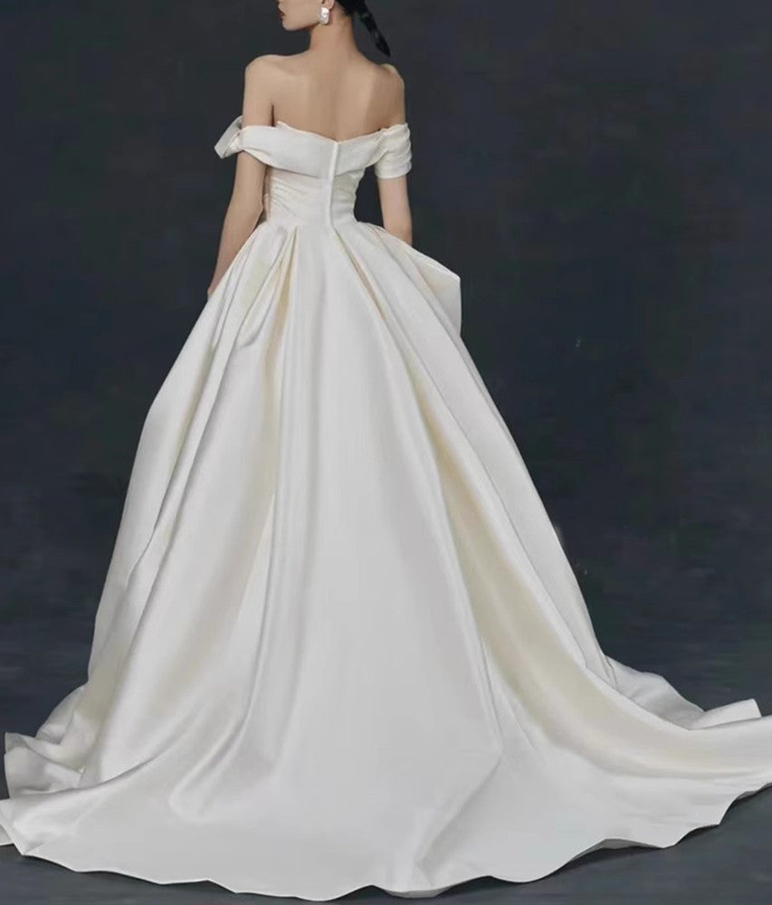 Women Satin A-Line Wedding Dresses Long Off-Shoulder Bridal Gowns YWD021