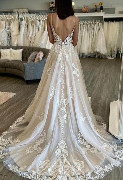 Women Champagne Appliques Wedding Dresses Long V-Neck A-line Bridal Gowns YWD110