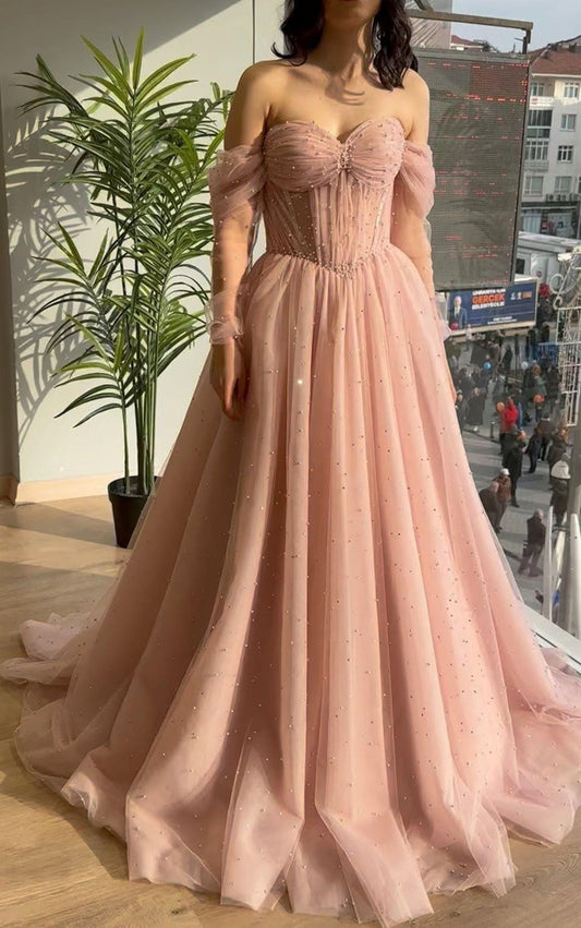 Women Sweetheart Formal Prom Dresses Long Tulle Beads Evening Party Gowns YPD946