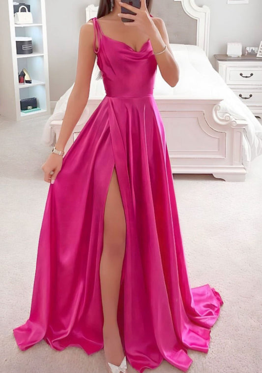 Women Slit Satin Formal Prom Dresses Long Sleeveless Evening Party Gowns YPD960