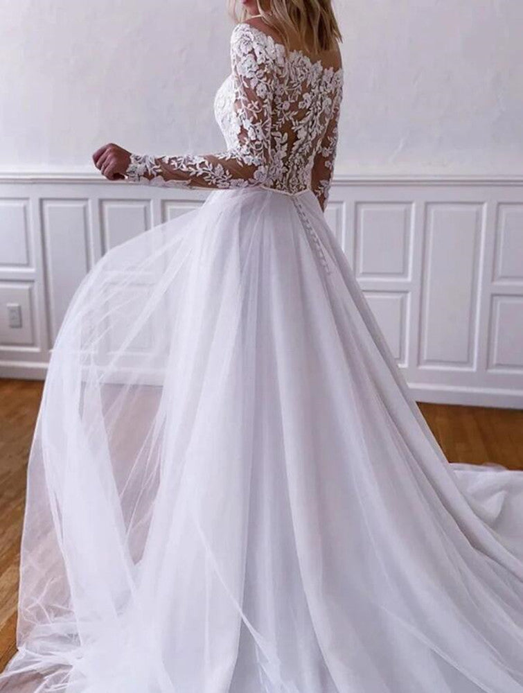 Women Lace Appliques Wedding Dresses Long Long Sleeves Bridal Gowns YWD093