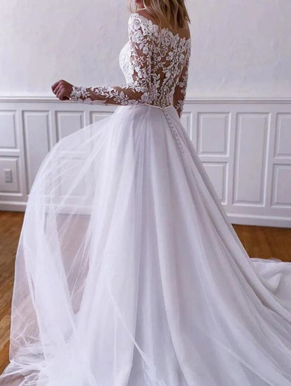 Women Lace Appliques Wedding Dresses Long Long Sleeves Bridal Gowns YWD093