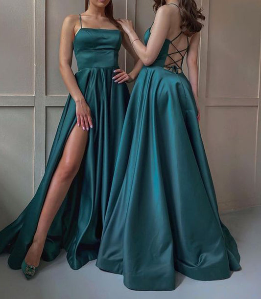 Women Satin Prom Dresses Long Side Slit Evening Gowns Sleeveless Formal Party Dress YPD902