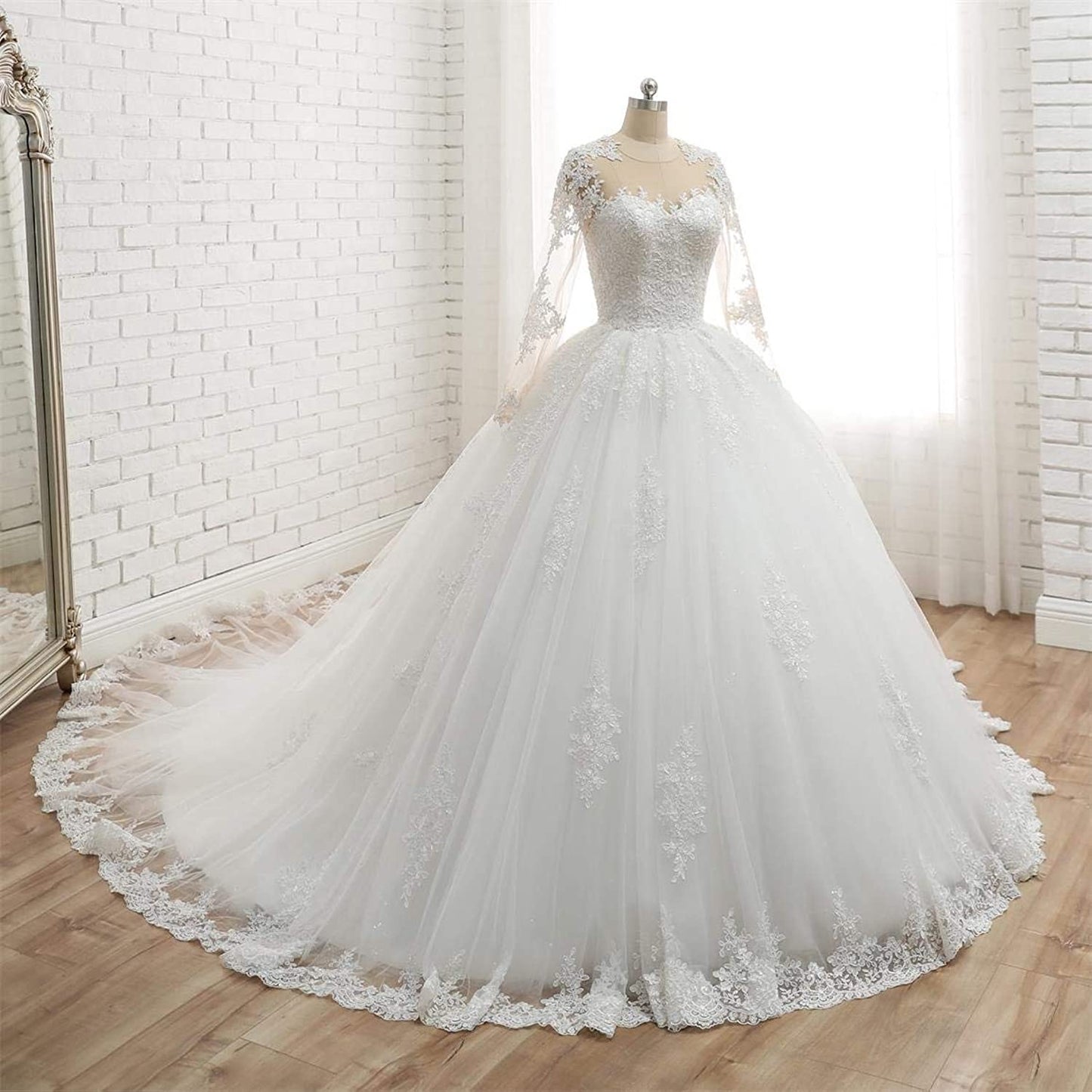 Women A-Line Long Sleeves Lace Wedding Dresses Long Appliques Bridal Gowns YWD004