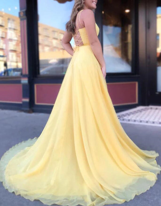 Women Spaghetti Straps Prom Dresses Long Chiffon Evening Gowns Formal Party Dress YPD358