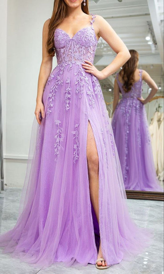 Women Lace Prom Dresses Long Appliques Evening Gowns Side Split Formal Party Dress YPD892