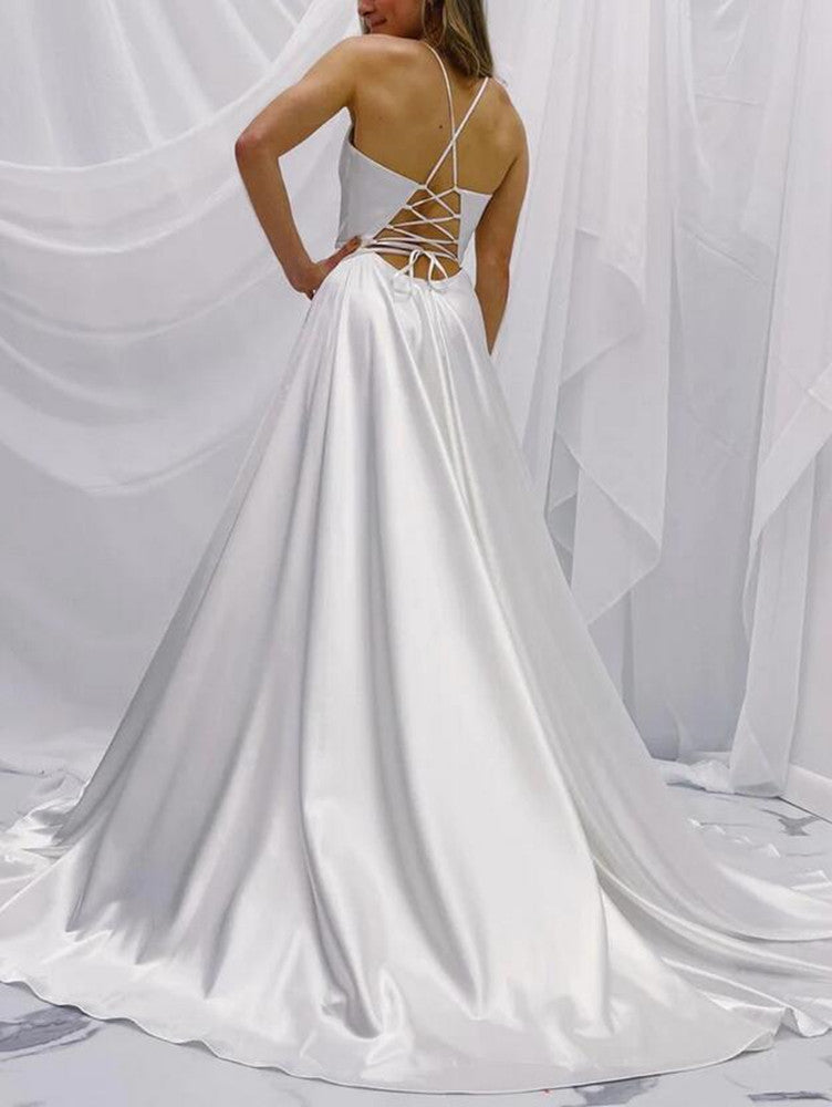 Women Sinmple Satin Wedding Dresses Long A-Line Bridal Gowns YWD078