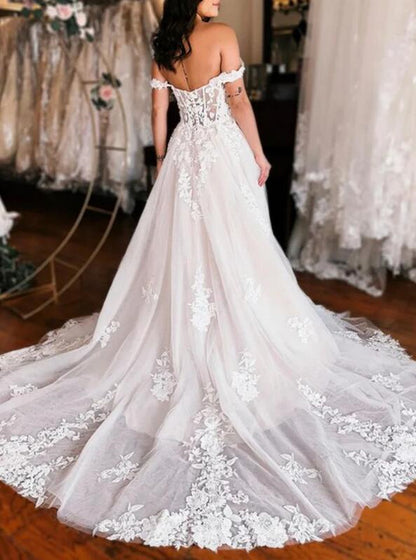 Women Lace Appliques Wedding Dresses Long Off Shoulder Side Slit Bridal Gowns YWD080