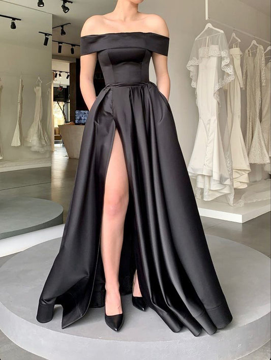 Women Slit Satin Formal Prom Dresses Long Off the Shoulder Evening Party Gowns YPD972