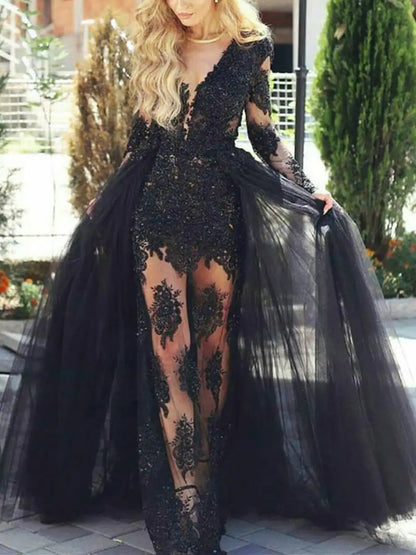 Women Lace Formal Prom Dresses Long Sleeves Appliques Evening Party Gowns YPD951