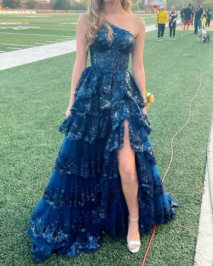 Women One Shoulder Lace Prom Dresses Long Appliques Evening Gowns Side Slit Formal Party Dress YPD880