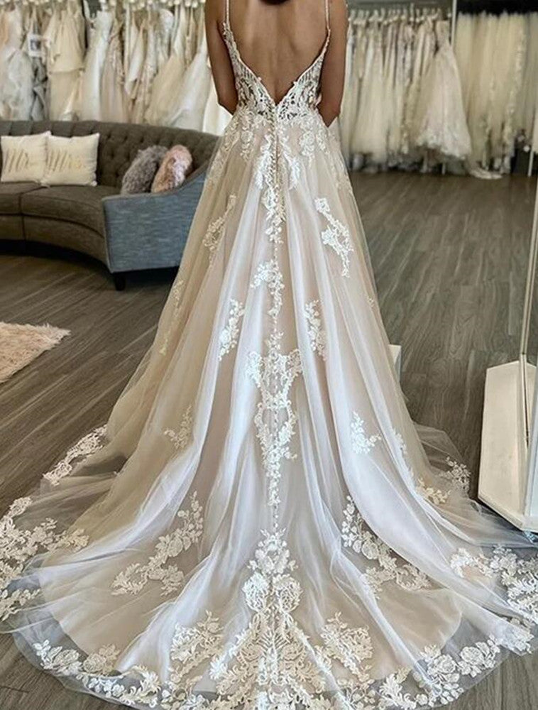 Women Lace Appliques Wedding Dresses Long V-Neck Bridal Gowns YWD082