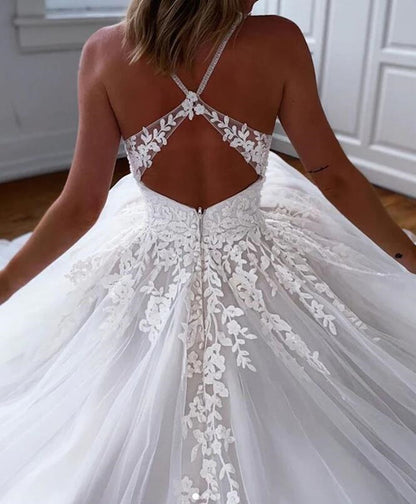 Women Lace Appliques Wedding Dresses Long V-Neck Bridal Gowns YWD096