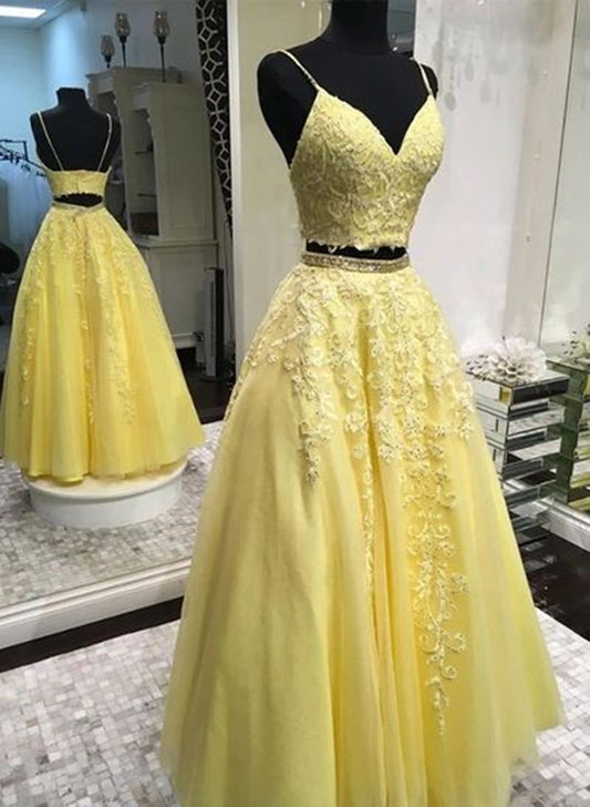 Women Lace Appliques Prom Dresses Long 2 Pieces Evening Party Dress YPD020