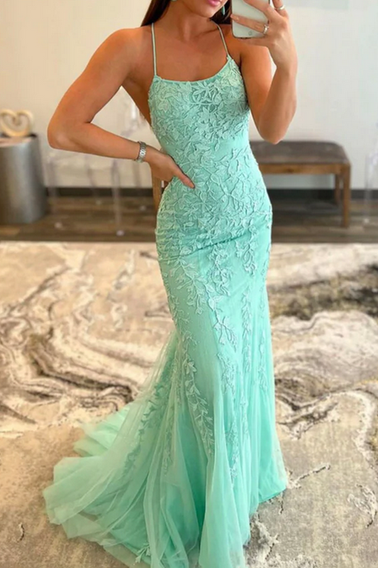 Women Mermaid Lace Prom Dresses Long Appliques Evening Party Dress YPD067
