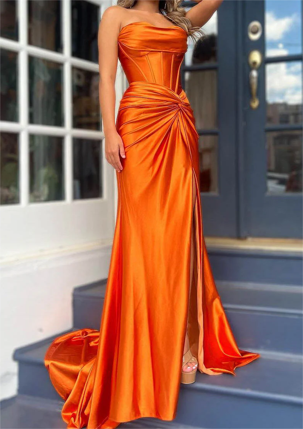 Women Strapless Prom Dresses Long Side Slit Evening Gowns Simple Formal Party Dress YPD716