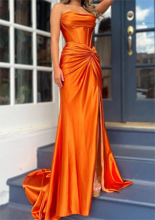 Women Strapless Prom Dresses Long Side Slit Evening Gowns Simple Formal Party Dress YPD716